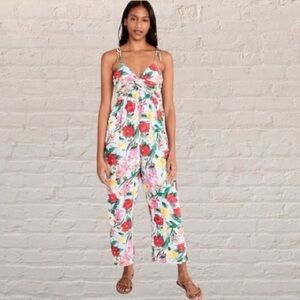 Old Navy linen blend twist knot empire bodice Floral Jumpsuit Blue/Red Size XL